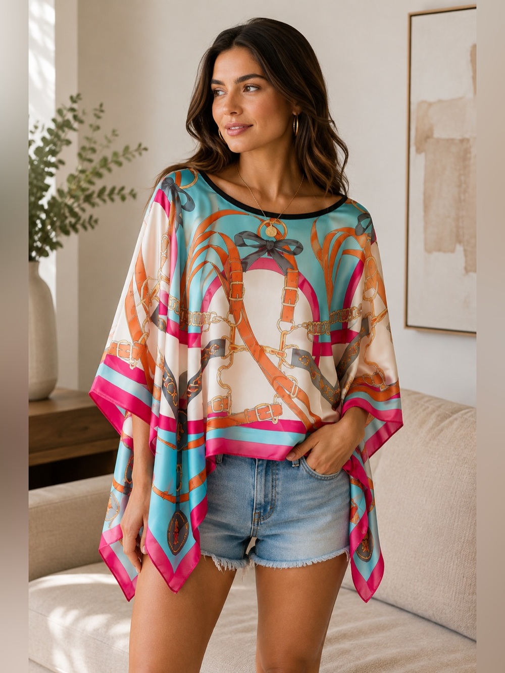 Silk-Look Multicolor Chain-Print Swim Coverup Tunic